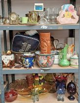 ART POTTERY COFFEE SET & STORAGE JARS, BRASS JELLY PAN, LARGE COPPER JUG, VARIOUS POTTERY TEAPOTS,