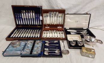 LARGE SELECTION OF SILVER PLATED CUTLERY, SILVER PLATED GRAVY BOAT, CIGARETTE LIGHTER, CLAW SPOON,