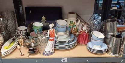 SELECTION OF ROYAL DOULTON FIGURE, ROYAL CROWN DERBY FIGURE, PART TEASETS, PEWTER & EP WARE,