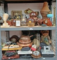 SET OF 4 HARDWOOD BOWLS WITH THISTLE DECORATION, VARIOUS CLOCKS, METALWARE, WOODEN CARVINGS,