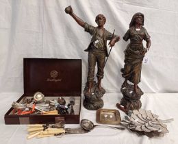 PAIR OF METAL STATUES OF A MAN & A LADY (A/F), SELECTION OF CUTLERY,