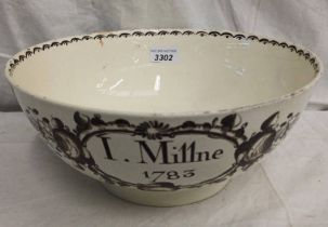 18TH CENTURY CREAMWARE BOWL WITH FLORAL DECORATION & I MILLNE 1783 TO SIDE,