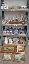 SILVER PLATED FRUIT BASKET, TEAWARE, WINE SLIDE, AYNSLEY VASES, BLUE & WHITE WARE BAROMETER,