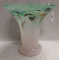 WHITE AND GREEN VASART GLASS VASE WITH VASART LABEL, 22.