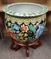 CHINESE PORCELAIN JARDINIERE ON HARDWOOD STAND,