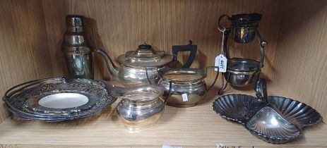SELECTION OF SILVER PLATED WARE INCLUDING 3 PIECE TEASET, COCKTAIL SHAKER,