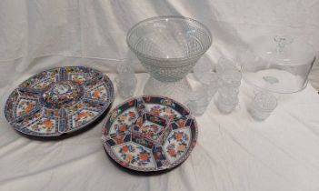 2 ORIENTAL PORCELAIN LAZY SUSAN SERVING DISHES, LARGEST 45CM WIDE, CUT GLASS PUNCH BOWL ON STAND,