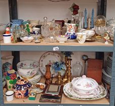 SELECTION OF CROWN STAFFORDSHIRE BOWLS, PAIR OF BRASS CANDLESTICKS, PICTURE FRAMES, WHISKY JUGS,