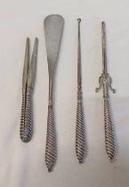 4 PIECE SILVER HANDLED DRESSING SET: SHOE HORN, BUTTON HOOK,