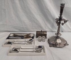 SILVER PLATED TABLE LAMP, CASED SERVING SPOONS, INKWELL,