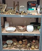 LARGE SELECTION OF BRASSWARE, ART GLASS, POSTAL SCALES, CRYSTAL,