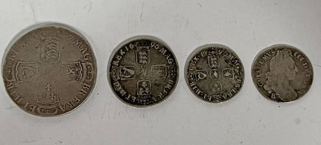 1697 WILLIAM III BRISTOL HALFCROWN & 2 X SIXPENCE (ONE BRISTOL) TOGETHER WITH 1696 WILLIAM III