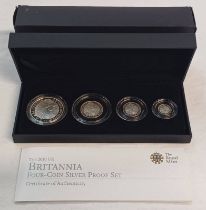 2010 UK BRITANNIA FOUR-COIN SILVER PROOF SET, IN CASE OF ISSUE, WITH C.O.A.