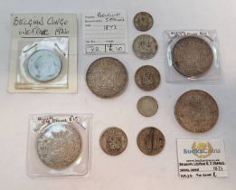 SELECTION OF BELGIUM RELATED COINS TO INCLUDE 1867, 1868, & 2 X 1873 5 FRANCS, 1867,