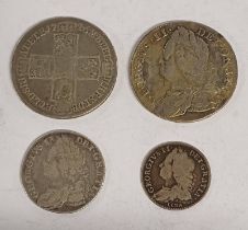 4 X GEORGE II COINS TO INCLUDE 1746 LIMA HALF CROWN, 1750 HALF CROWN, 1758 SHILLING,