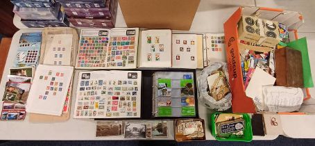 2 BOXES OF VARIOUS STAMPS, FDI'S, TELEPHONE CARDS, CIGARETTE CARDS, POSTCARDS, ETC,