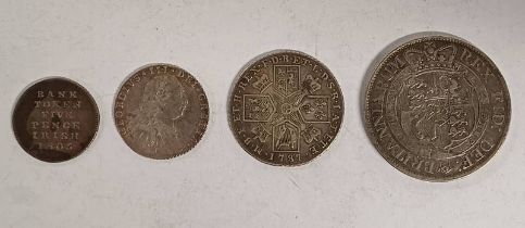 4 X GEORGE III COINS TO INCLUDE 1819 HALF CROWN, 1787 SHILLING WITH HEARTS,
