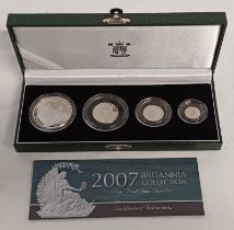 2007 UK BRITANNIA COLLECTION SILVER PROOF FOUR-COIN SET, IN CASE OF ISSUE, WITH C.O.A.