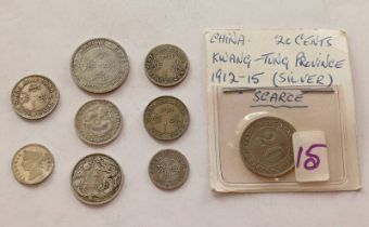 9 X CHINA/HONG KONG SILVER COINS TO INCLUDE 1912-15 CHINA KWANG-TUNG PROVINCE 20 CENTS,