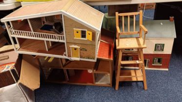 VARIOUS WOODEN DOLLS HOUSES AND DOLLS HIGH CHAIR