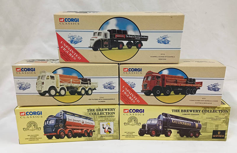 5 CORGI CLASSIC BREWERY RELATED MODEL VEHICLE INCLUDING 16301 - SCAMMELL HIGHWAYMAN TANKER SET,