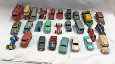 SELECTION OF PLAYWORN DINKY TOY MODEL VEHICLES INCLUDING FERRARI RACING CAR, FIRE ENGINE,