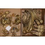 A Quantity of French Gilt Metal Curtain Rail Brackets, Finials, Rings and Tie Backs, together with a