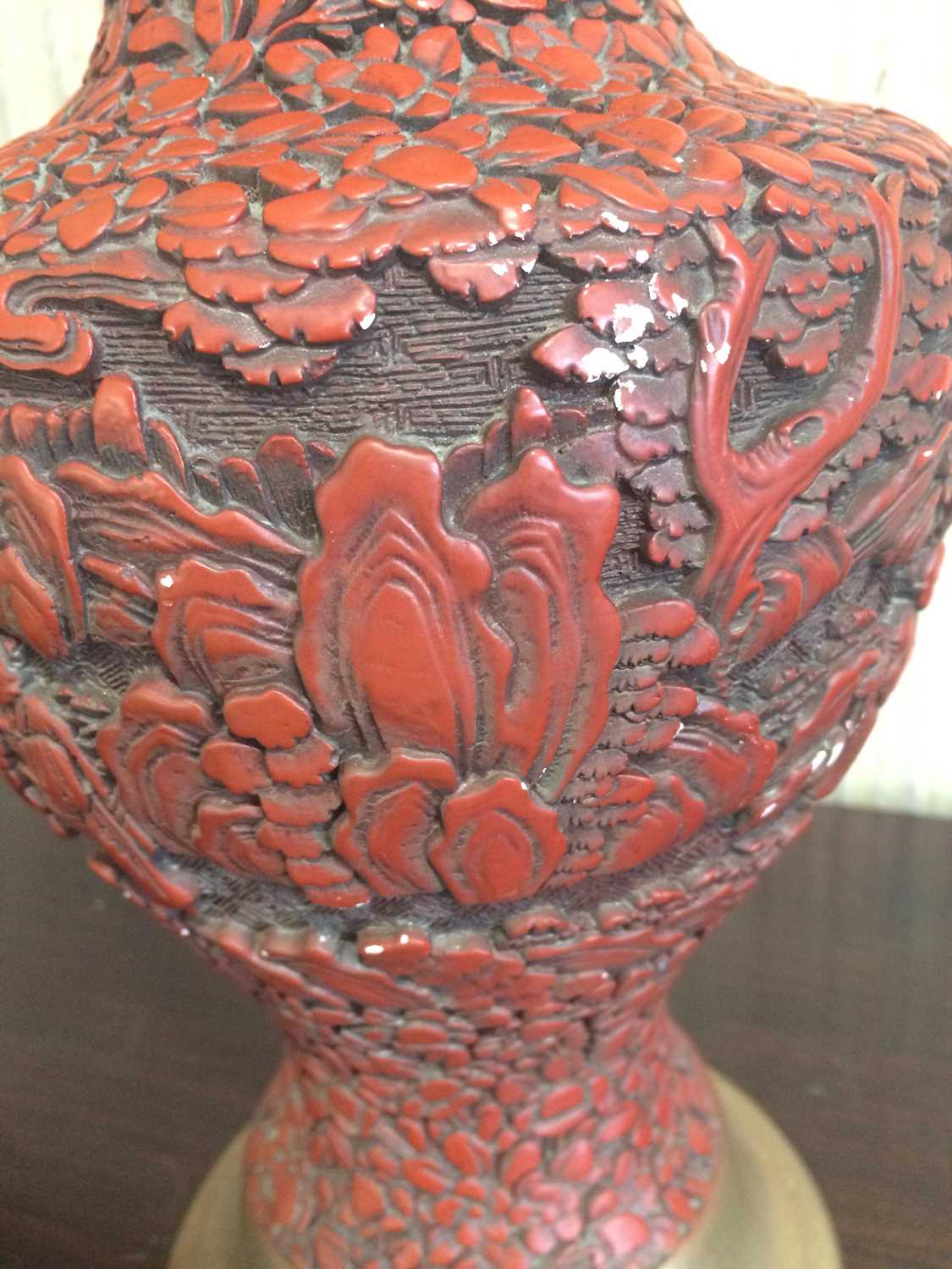 A Pair of Chinese Cinnabar Style Vases, of baluster form, carved with figures amongst foliage, - Bild 7 aus 8
