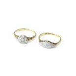 A Diamond Three Stone Ring, stamped '18CT' and 'PLAT', finger size L1/2; and A Diamond Cluster Ring,
