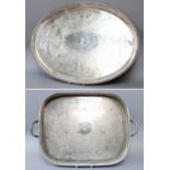 An Old Sheffield Plate Tray, oblong and with gadrooned border and two scroll handles, 60cm long;