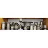 Assorted Antique Pewter Hollow Wares, including tankards, communion chalices, twin-handled bowl, and