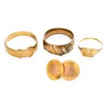 Three 9 Carat Gold Rings, of varying designs and sizes; and Two 9 Carat Gold StudsGross weight 9.1