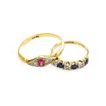 A 9 Carat Gold Sapphire and Diamond Seven Stone Ring, finger size L1/2; and A Synthetic Ruby and