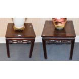 A Pair of Early 20th Century Chinese Hardwood Side Tables, with scrolled hump-back stretchers,