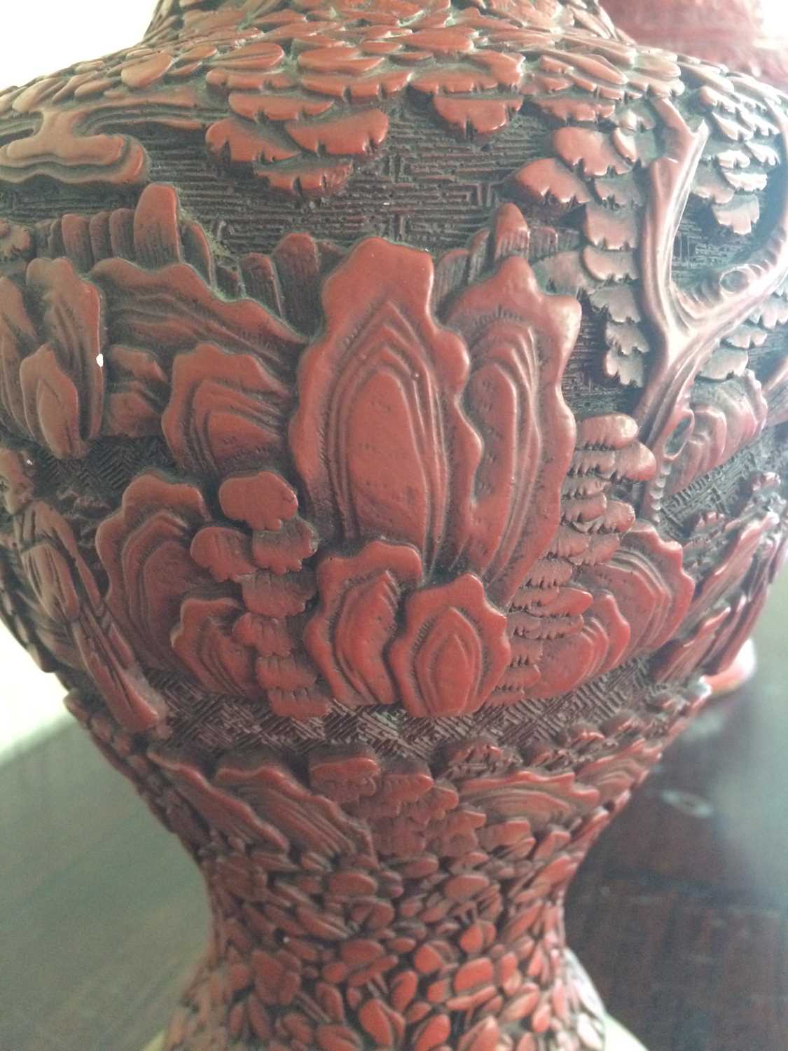 A Pair of Chinese Cinnabar Style Vases, of baluster form, carved with figures amongst foliage, - Bild 5 aus 8