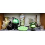 A Collection of Assorted Glasswares, including a Victorian decalcomania vase, similar oil lamp, a