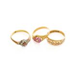 A 15 Carat Gold Diamond Five Stone Ring, finger size O; A 15 Carat Gold Synthetic Ruby and Diamond