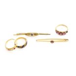 A Small Quantity of Jewellery, including a sapphire and split pearl bar brooch, stamped 9CT', length