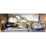 A Quantity of Silver Plated Wares, cheese cutters, entree dish, salvers, etc (one shelf)