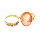 A 15 Carat Gold Synthetic Ruby and Split Pearl Ring, finger size Q; and A Cameo Ring, stamped '