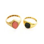 A 15 Carat Gold Hardstone Signet Ring, finger size P and An 18 Carat Gold Bloodstone Signet Ring,