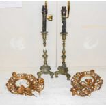 A Pair of Continental Bronze Candlesticks, 17th century style, with knopped columns and tricorn