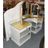 A Pair of Painted Bedside Tables, A Matching Headboard and A Gilt Tryptych Mirror (4)