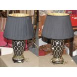 A Pair of Modern Inlaid Metal Table Lamps, of urn form, with silk shades retailed by Decor, 62cm