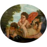 After Titian (fl.1506-1576) Cavorting putti in a landscape Oil on board, 74cm dia. (oval)