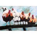 Lesley Heath (b.1966)A Group of Chickens on a FenceSigned, oil on canvas, 61cm by 91.5cm (unframed)