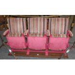 A Row of Three Folding Cinema Seats, covered in Paul Smith style fabric, 163cm by 47cm by