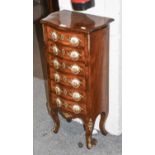 A Reproduction French Crossbanded Serpentine Front Six Height Chest of Drawers, the handles set with