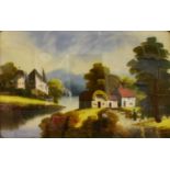 British School (20th Century) Rural landscape of hamlet within a dell Reverse painting on glass;