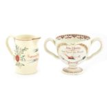 A Pearlware Loving Cup, 1801, the ovoid bowl inscribed "John Hartley, 1801, God Speed the Plow"